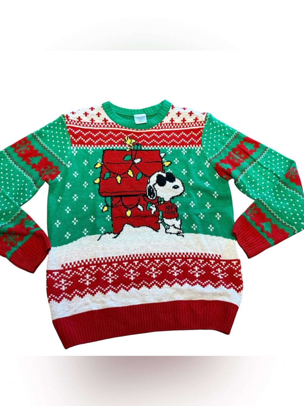 Peanuts Men's Large Green & Red Snoopy Doghouse Crewneck Ugly Christmas Sweater